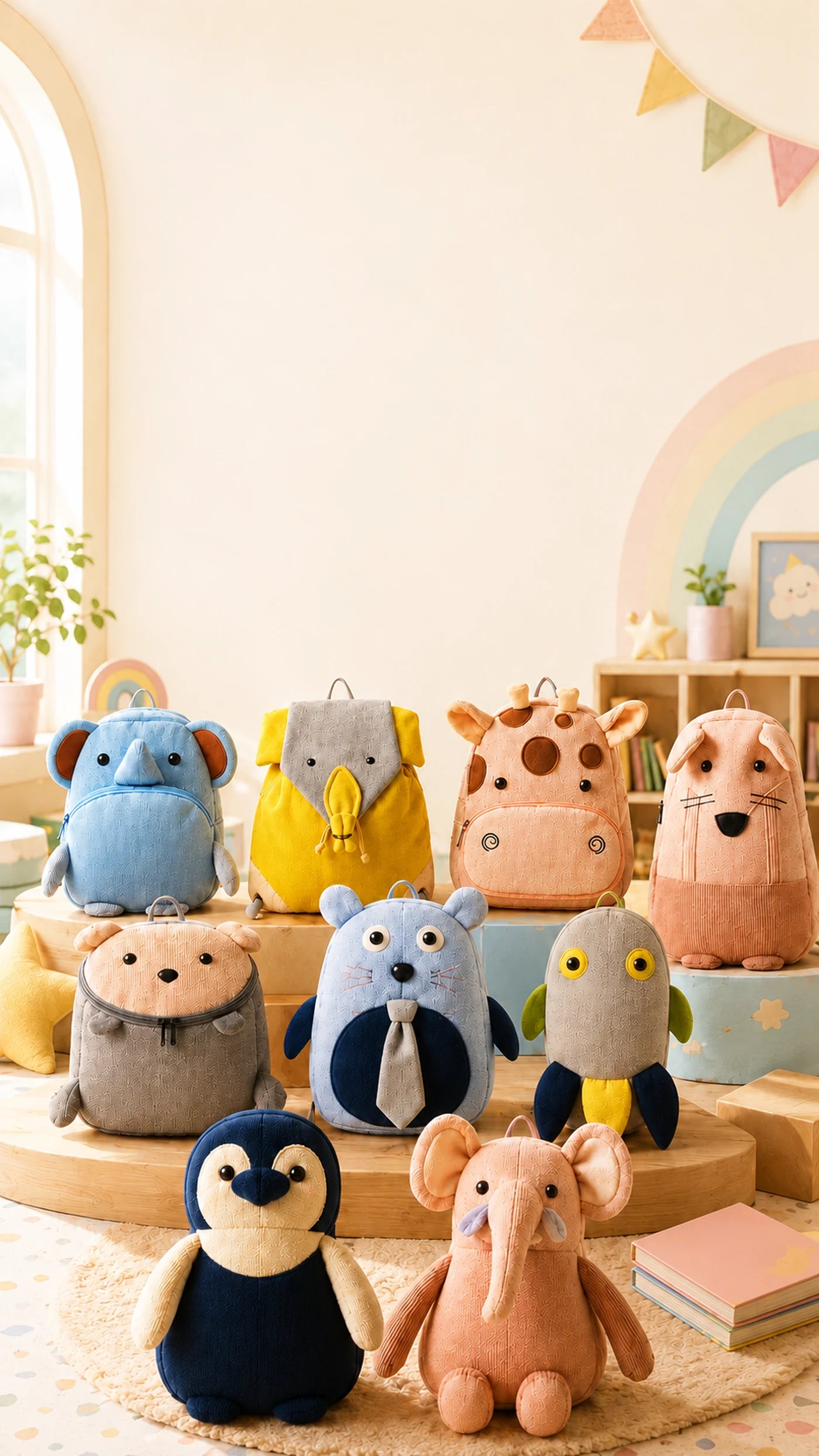 The WAKERS character backpacks and plush companions arranged in a playroom